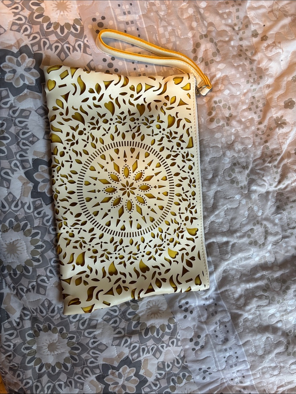 Carlos Santana White and Yellow Laser-Cut Wristlet Clutch
